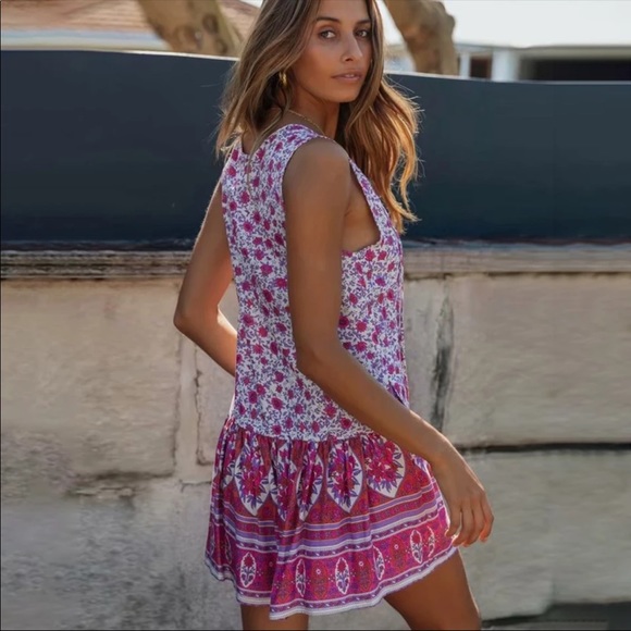 Sleeveless Tank Dress Boho Floral Gypsy Print Pink - Picture 2 of 9